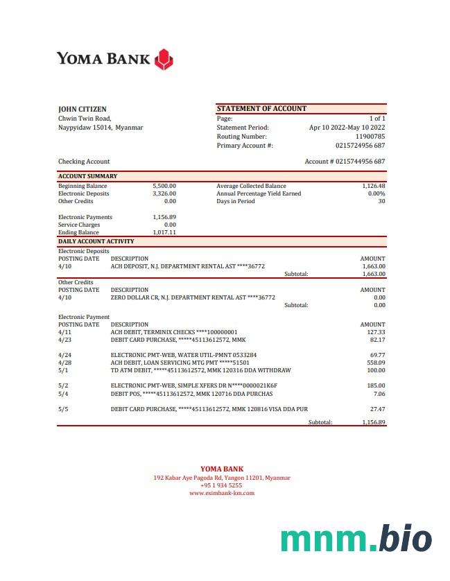 Szablon wyciągu bankowego Myanmar Innwa Bank w programie Word i PDF